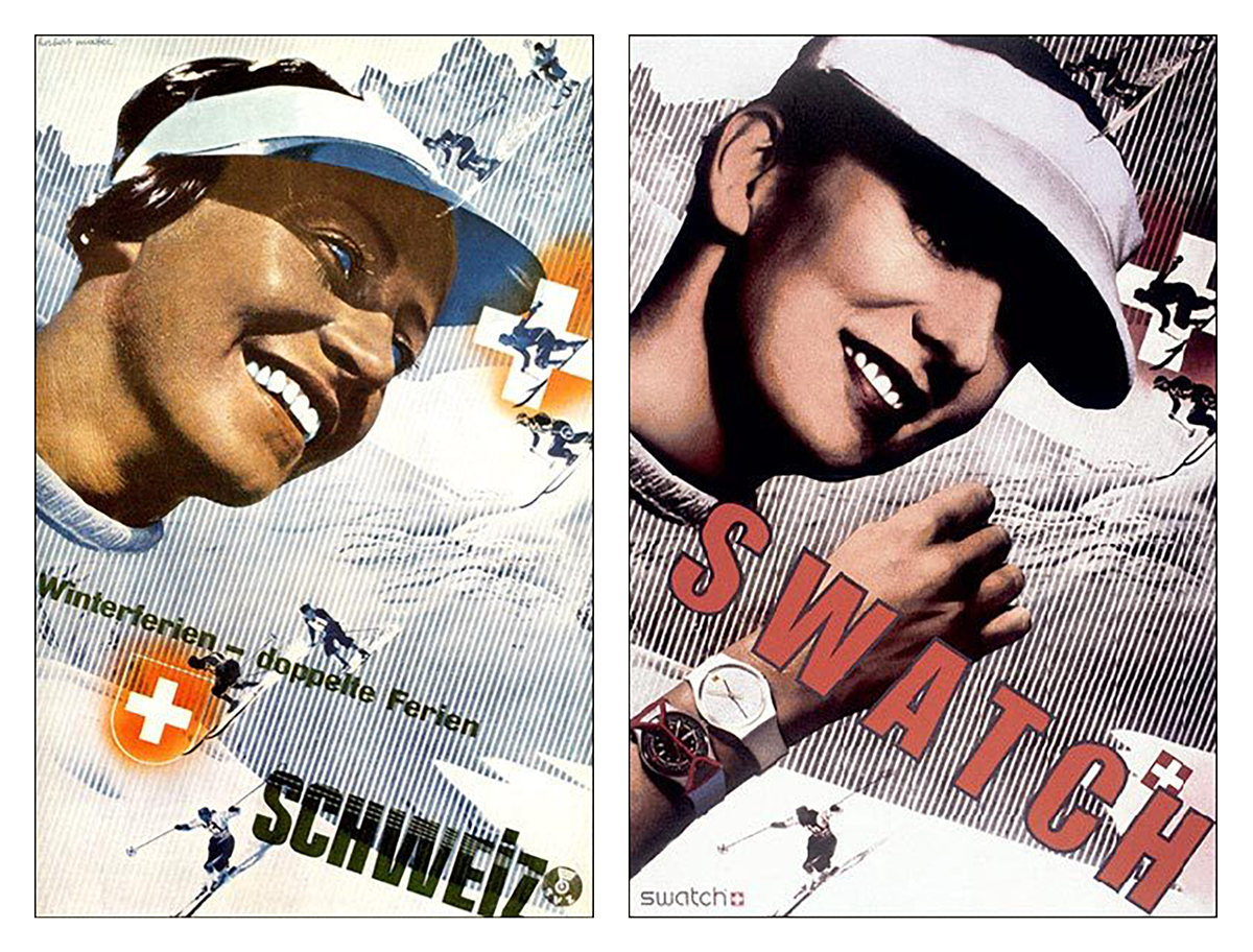À gauche Herbert Matter, Affiche pour l’Office de Tourisme de la Suisse, 1934. À droite Paula Scher, campagne pour Swatch, 1984